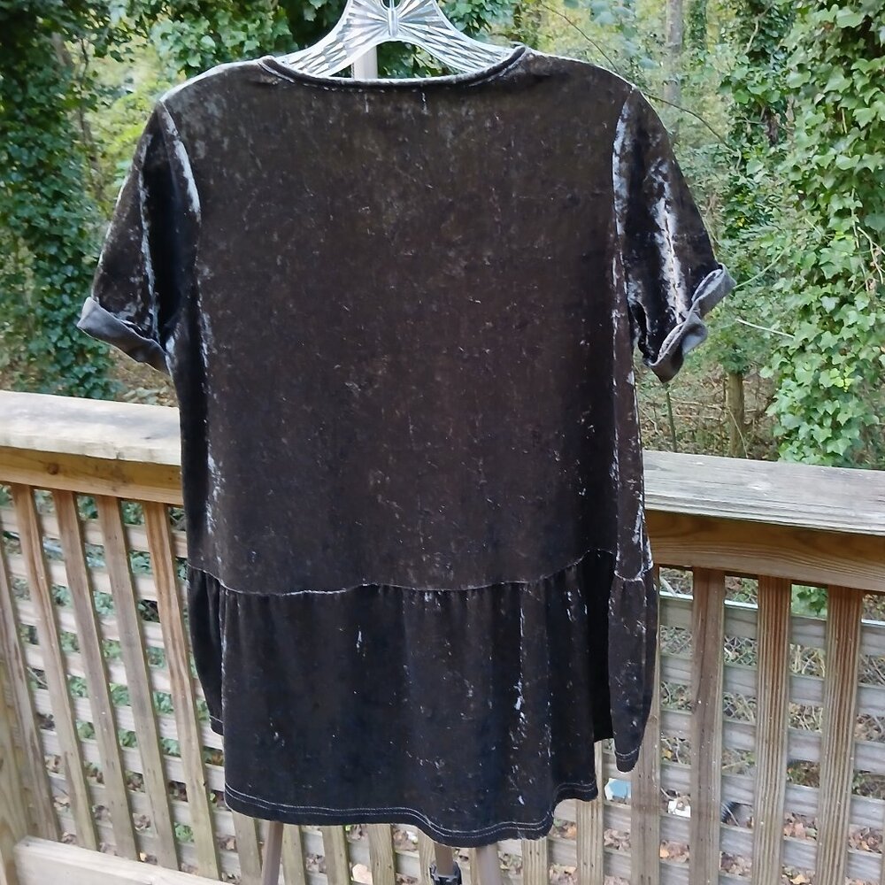 Grey Green Semi Crushed Velvet Baby Doll Round Neck Keyhole Peplum Tunic Sz S - Picture 7 of 7